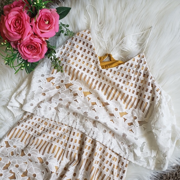 Lovers + Friends Pants - Lovers +Friends yellow lacy overlay romper